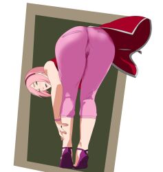 1girls ass ass_focus bending_over bent_over big_ass boruto:_naruto_next_generations cameltoe dat_ass denim dress female_focus from_behind full_body fully_clothed green_eyes hell904 highres huge_ass jeans leaning leaning_forward light-skinned_female light_skin looking_at_viewer looking_back looking_back_at_viewer mature mature_female milf naruto naruto_(series) naughty naughty_face naughty_smile pants pink_hair pinup sakura_haruno sandals smile solo standing third-party_edit tight_clothing tight_pants top-down_bottom-up