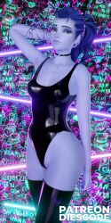 1girls 3d blender blizzard_entertainment detailed_background diescope female female_only graffiti hi_res latex latex_bodysuit latex_stockings latex_suit latex_swimsuit looking_at_viewer neon overwatch purple_hair purple_skin smile smiling smiling_at_viewer solo solo_female swimsuit thighs widowmaker yellow_eyes