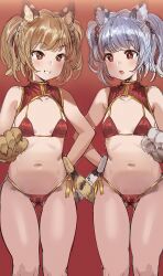 2girls animal_ears animal_hands arm_behind_back bai_(granblue_fantasy) bangs bikini blonde_hair blush bow_(bhp) breasts brown_eyes cidala_(granblue_fantasy) collarbone erune eyebrows_visible_through_hair female gloves granblue_fantasy grin huang_(granblue_fantasy) multiple_girls navel open_mouth paw_gloves paws red_background red_bikini red_eyes short_hair siblings side-tie_bikini silver_hair simple_background sisters small_breasts smile swimsuit tail twins