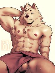 1boy 2022 abs anthro armpit_hair biped bodily_fluids body_hair canid canine canis catsudon closed_eyes domestic_dog fur furry genitals hand_behind_head male male_only mammal muscular muscular_anthro muscular_male nipples pecs simple_background solo sweat testicles towel white_background white_fur