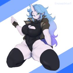 ass big_breasts black_socks blue_hair breasts clari(snowyblue) colored_hair gloves green_eyes horn jacket monster_girl oc original original_character pink_skin skin_tight_outfit snowyblue thick_thighs thighs