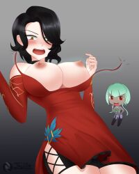 2022 2girls big_breasts black_hair blush breast_expansion breasts breasts_out cinder_fall dress embarrassed emerald_sustrai exposed_breasts female female_only gold_eyes green_hair jay156 open_mouth red_eyes rwby short_hair wardrobe_malfunction yellow_eyes