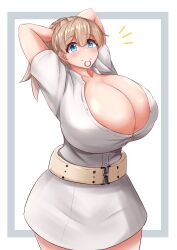 1girls absurdres arms_behind_head belt blue_eyes blush breasts cleavage dress eyebrows_visible_through_hair female female_only gigantic_breasts highres in_mouth intrepid_(kantai_collection) kantai_collection light-skinned_female light_brown_hair light_skin looking_at_viewer partially_unbuttoned ponytail short_sleeves simple_background sinape_(penasi_1) smile solo