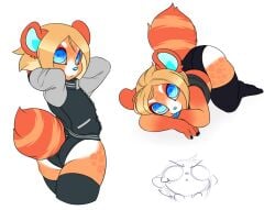 anthro blonde_hair blue_eyes blue_tongue clothed clothing femboy fur furry furry_only girly jacket legwear looking_at_viewer looking_back_at_viewer male male_only on_front orange_body orange_fur raccoon rmada sybillotus tail tanuki tongue_out underwear