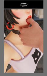 1girls 3d black_hair brown_eyes choker comic comic_page darkbahamuth epic_games evie_(fortnite) finger_in_mouth first_oral first_time fortnite fringe lipstick oral part_1 petite