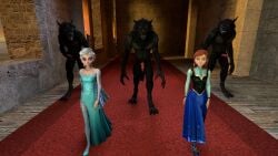 2girls 3d 3d_(artwork) 4k absurd_res anna_(frozen) anthro balls beast before_sex blonde_hair blue_eyes canine canine_penis disney dress dressed elsa_(frozen) erection fishnets frozen_(film) futivesfm green_eyes group hi_res high_heels human imminent_sex looking_at_another looking_at_viewer penis penis_out red_hair royal royalty siblings sisters small_breasts smile smiling touching_penis walking werewolf