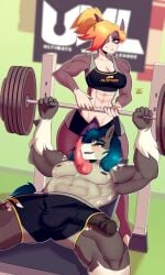 1boy 1futa abs athletic_futanari biceps big_breasts big_penis furry furry_only futanari hair_over_one_eyes horse horse_penis horsecock horsecock_futanari huge_cock lazysnout muscular_arms muscular_futanari orange_hair ponytail shari_(lazysnout) weightlifting