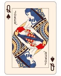 1girls art baby blue_hair breast_feeding breasts card_(medium) crown jester_cap joker_(playing_card) mahdieh_farhad mother_and_child one_breast_out playing_card playing_card_theme queen queen_of_spades queen_of_spades_(playing_card)