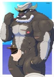 ahab_(tokyo_afterschool_summoners) anthro balls body_hair bovid bovine chest_hair clothing disembodied_hand disembodied_tongue erection genitals hair handjob hat headgear headwear hi_res horn licking lifewonders male male_only mammal mature_male nimonotaka nude oral penile penis penis_lick sex tokyo_afterschool_summoners tongue tongue_out true_buffalo ursid video_games water_buffalo white_hair