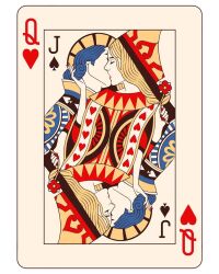 1boy 1girls art blonde_hair blue_hair card_(medium) closed_eyes crown female flat_colors french_kiss jack_of_spades kissing mahdieh_farhad male playing_card queen_of_hearts queen_of_hearts_(playing_card) straight