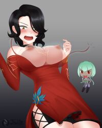 2022 2girls big_breasts black_hair blush breast_expansion breasts breasts_out cinder_fall dress embarrassed emerald_sustrai exposed_breasts female female_only gold_eyes green_hair jay156 open_mouth red_eyes rwby short_hair wardrobe_malfunction yellow_eyes