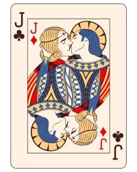 2boys blonde_hair blue_hair card_(medium) closed_eyes forehead_jewel french_kiss halo human human_only jack_of_clubs jack_of_diamonds kissing light-skinned_male light_skin mahdieh_farhad male male_only moustache playing_card playing_card_theme safe yaoi