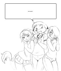 anthro black_and_white blush canid canine canis chochi clothed clothing crossdressing dialogue domestic_dog felid femboy fox girly group it's_a_trap lion male male/male mammal marty_(onta) meme mike_blade monochrome pantherine rio_(miu) scared skirt speech