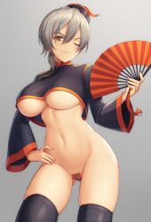 ;) asymmetrical_hair black_dress black_headwear black_legwear blush breasts cameltoe chiaki_takafumi chinese_clothes closed_mouth commentary contrapposto cowboy_shot crop_top dress eyebrows_visible_through_hair female female folding_fan genderswap_(mtf) gluteal_fold gradient gradient_background grey_background hair_between_eyes hair_over_shoulder hand_fan hand_on_hip hat highres holding holding_fan kani_kani_kun large_breasts looking_at_viewer maebari medium_hair navel no_panties one_eye_closed orange_eyes ponytail qing_guanmao rule_63 silver_hair simple_background skindentation smile smirk solo standing starmyu stomach sweatdrop tassel thighhighs thighs underboob v-shaped_eyebrows wide_sleeves