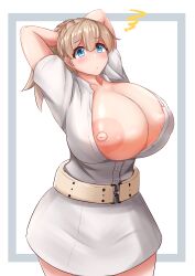 1girls absurdres annoyed arms_behind_head belt blue_eyes blush breasts cleavage dress eyebrows_visible_through_hair female female_only gigantic_breasts highres intrepid_(kantai_collection) kantai_collection light-skinned_female light_brown_hair light_skin nipple_slip nipples partially_unbuttoned ponytail short_sleeves simple_background sinape_(penasi_1) solo squiggle