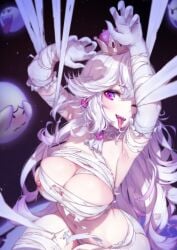 1girls absurd_res ambiguous_gender arms_up bandages bondage boo_(mario) boosette breasts clothing elbow_gloves female female_focus gloves hi_res large_breasts long_hair looking_at_viewer luigi's_mansion mario_(series) mitsu_art navel new_super_mario_bros._u_deluxe nipples purple_eyes restrained silver_hair sitting solo_focus viewed_from_above white_gloves white_hair