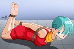 angry barefoot blue_eyes bondage bound bound_ankles bound_arms bound_toes bound_wrists bulma_briefs clothed clothed_female clothing damsel_in_distress dragon_ball dragon_ball_z duct_tape_gag feet feet_up female femsub gag gagged hogtie near_model restrained rope rope_bondage shadow-xcp shounen_jump sole_female soles solo tape_gag taped_mouth teal_hair tied_up toe_bondage toe_ties