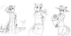 anthro chochi clothed femboy flower flower_pot fox furry furry_only groceries grocery_bag looking_at_viewer looking_back looking_back_at_viewer mammal mike_blade pants popsicle shorts sunflower swimsuit tanktop traditional_media_(artwork) water