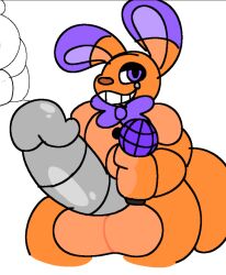 animatronic anthro ass balls big_balls big_butt bow_tie button_(disambiguation) crazyassfox22 curvy_figure dandy_bunny_(crazyassfox22) fan_character five_nights_at_freddy's floppy_ears fnaf_oc fur genitals grin huge_butt hyper hyper_butt hyper_genitalia lagomorph living_machine looking_at_viewer machine male male_only mammal microphone orange_body orange_fur penis purple_ears purple_eyes robot scottgames smile solo tagme video_games voluptuous