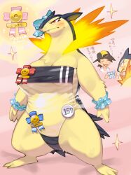 1boy 1girls anthro award award_ribbon blush ethan_(pokemon) female gris_swimsuit hi_res japanese_text kame_3 male nintendo pokemon pokemon_(species) pokemon_gsc ribbon swimsuit text typhlosion wrist_cuffs