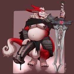 absurd_res animal_genitalia animal_penis anthro armor asymmetrical_armor ball_tuft balls belly big_balls big_belly big_penis big_sword big_thighs black_cum black_nipples black_penis black_sclera blunt_penis broad_sword cingal cum_drip ear_fluff ear_piercings equine_penis evil_eyes fat_man flared_penis fluffy_ears front_view full_body genitals hare hi_res huge_cock humanoid hyper hyper_genitalia hyper_penis lagomorph leporid long_ears male male_nipples male_only mammal medial_ring musclegut muscular muscular_anthro muscular_male nipple_piercing nipple_rings nipples penis planted_sword rabbit rabbit_ears red_eyes red_fur shoulder_armor shoulder_pad simple_background solo sword thick_penis tilionmaia toe_claws two_handed_sword two_handed_weapon two_tone_fur vambraces warrior weapon white_balls white_fur wrist_guards