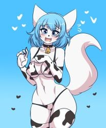 1girls animal_ears animation_meme_community anthro bikini blue_hair cow_print cow_print_bikini female female_focus female_only female_solo flustered heart kinathefox short_hair solo solo_female tagme tail thick_thighs thighs virtual_youtuber wolf_ears wolf_girl wolf_tail wolfychu youtube youtuber