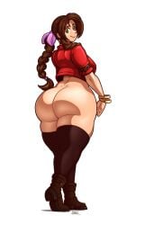 aerith_gainsborough ass bangs big_ass blazbaros boots bottomless bracelet braided_hair brown_hair brunette female final_fantasy final_fantasy_vii full_body green_eyes hairbow huge_ass looking_at_viewer looking_back lowres_duplicate parted_bangs smile solo standing thick_thighs thighhighs wide_hips