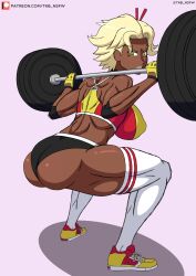 2022 arslan_altan barbell bent_over big_ass big_breasts blonde_hair bubble_butt choker dark-skinned_female dark_skin elbow_pads fat_ass fingerless_gloves gym_uniform looking_at_viewer looking_back looking_back_at_viewer muscular muscular_female presenting_ass rwby scowl shoes short_shorts sideboob sports_bra sportswear squatting thick_thighs thighhighs tkb_nsfw weightlifting yellow_eyes