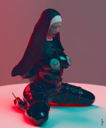 1girls 3d bodysuit bondage clothed clothing female female_only femsub high_heels large_breasts latex nun pinup restrained rudimental seated simple_background sitting slushe_(website) straps tagme