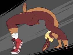 anthro ass balls blonde_hair brown_body brown_fur clothing erection eroborus flexible footwear footwear_only fur furry furry_only genitals hair humanoid_genitalia humanoid_penis lagomorph leporid male male_only mammal mostly_nude nude penis pose rabbit shoes shoes_only solo tail