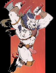 1boy 2022 abs amber_eyes anthro armband armpit_hair axe badcoyote balls belt biceps blind_eye blizzard_entertainment blue_hair body_hair canid claws digitigrade ear_piercing ear_ring erection eye_scar facial_hair facial_scar fangs finger_claws fur genitals hair harness hi_res holding_object holding_weapon humanoid_genitalia humanoid_penis knee_pads male male_only mammal melee_weapon muscular muscular_anthro muscular_male nipples open_mouth pecs penis piercing pubes quads scar sharp_teeth solo teeth toe_claws triceps vein veiny_penis video_games warcraft weapon were werecanid white_body white_fur worgen world_of_warcraft wraps wrist_wraps