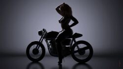 1girls 3d backlighting female female_only hand_on_hip high_heels large_breasts motorcycle nipples on_motorcycle orange_hair pants pinup red_hair rudimental seated simple_background sitting slushe_(website) solo solo_female topless