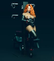 1girls 3d bottomless clothed clothing collar female female_only fishnet_bodysuit gloves high_heels large_breasts latex leaning lipstick long_gloves long_hair orange_hair pinup red_hair red_lipstick rudimental simple_background slushe_(website) solo solo_female standing thighhighs topless