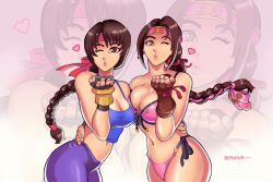 2girls atmo-art blowing_kiss braided_hair brown_eyes brown_hair cleavage crossover fingerless_gloves hazel_eyes headband king_of_fighters large_breasts long_hair looking_at_viewer seong_mi-na soul_calibur sports_bikini sweatpants wink yuri_sakazaki