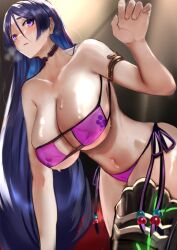 1girls big_breasts bikini bikini_bottom bikini_top blush bottomwear breasts cleavage fate/grand_order fate_(series) female female_only huge_breasts jikihatiman long_hair mature mature_female mature_woman milf minamoto_no_raikou_(fate/grand_order) neckwear purple_bikini purple_eyes purple_hair solo solo_female steam steamy_breath sweat sweatdrop swimwear thighs topwear