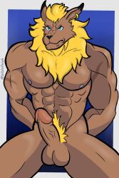 abs anthro balls bandai_namco bluewollvieh bound digimon digimon_(species) ear_piercing erection felid hair hi_res leomon lion looking_at_viewer male mammal mane muscular muscular_male nipples pantherine penis piercing pubic_hair scar scars_all_over solo testicles