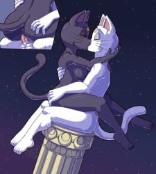 anthro anthrofied artemis_(sailor_moon) bishoujo_senshi_sailor_moon breasts caramel-kitteh cuddling domestic_cat duo felid feline felis female kissing luna_(sailor_moon) male male/female mammal medium_breasts nude penetration sex simple_background vaginal_penetration