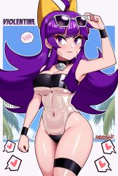 >:( beach blush breasts choker collar earrings female female_only fully_clothed gris_swimsuit hair_bow light-skinned_female light_skin long_hair ocean original palm_tree purple_eyes purple_hair revealing_clothes ribbon sarukaiwolf see-through see-through_clothing shiny_clothes sunglasses sunglasses_on_head swimsuit thighs tight_clothing transparent_clothing violentine_(sarukaiwolf) yellow_ribbon