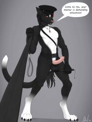 2022 absurd_res anthro anthro_claw black_fr black_fur digital_media_(artwork) english_text felid feline fur hi_res leash leash_pull male male_only mammal pov red_eyes solo talking_to_viewer text toe_claws white_body white_fur