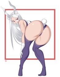 1girls 2021 ass ass_focus bent_over breasts bunny_ears bunny_girl bunny_tail dark-skinned_female dark_skin dat_ass eyebrows eyelashes female female_focus female_only gloves legwear long_hair looking_at_viewer looking_back miruko my_hero_academia onaeane purple_legwear rumi_usagiyama smile smiling solo solo_female thick_thighs thighs white_background white_gloves white_hair