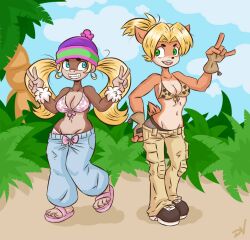 2girls anthro baggy_pants bikini bikini_top breasts coco_bandicoot crash_(series) crossover donkey_kong_(series) dullvivid female female_only fur furry multiple_girls pants sagging_pants tiny_kong