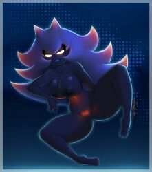 1girls black_skin breasts female glowing glowing_eyes gradient gradient_hair highres horns humanized large_breasts long_hair looking_at_viewer mario_(series) monster_girl multicolored_hair nintendo nipples nude pussy redbenjamin smile solo spread_legs thick_thighs thwomp thwomp_girl very_long_hair