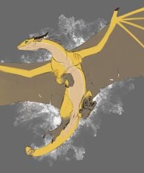 2022 amputee animal_genitalia claws disability dragon female feral flamespitter flying fortune_(flamespitter) genital_slit genitals hi_res horn membrane_(anatomy) membranous_wings missing_arm nude paws scales scalie scar slit solo western_dragon wings yellow_body yellow_scales