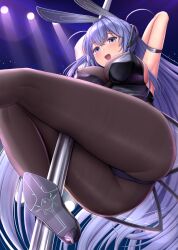 1girls 2021 absurdres animal_ears armpits arms_up ass azur_lane bangs bare_shoulders black_leotard blue_eyes blue_hair blush breasts brown_legwear fake_animal_ears female female female_focus female_only fine_fabric_emphasis high_heels highres large_breasts leotard long_hair looking_at_viewer melopun new_jersey_(azur_lane) new_jersey_(exhilarating_steps!)_(azur_lane) official_alternate_costume open_mouth pantyhose playboy_bunny pole pole_dancing rabbit_ears smile solo solo_female stripper_pole thighs