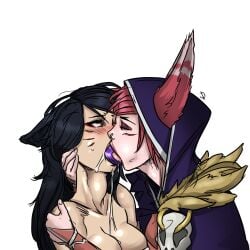 1girls ahegao ahri animal_ears blonde_hair blush bulge cleavage color colored cute deepthroat dildo dildo_deepthroat dildo_kiss double_dildo double_dildo_deepthroat drool drooling egirl eyelashes eyeshadow fanart female fox fox_ears fox_girl french_kiss jadony kemonomimi kissing league_of_legends long_hair nose_piercing oral oral_insertion pale_skin piercing red_hair red_lipstick riot_games rolling_eyes saliva saliva_drip slim source_request throat_bulge tongue tongue_out vastaya whisker_markings xayah yellow_eyes yuri