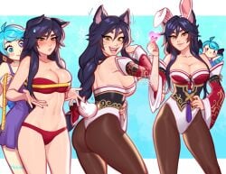 2girls ahri alternate_outfit ass big_breasts blushypixy blushyspicy breasts bunny_ears bunnysuit female female_only gwen_(league_of_legends) hartman_hips hips hourglass_figure large_breasts league_of_legends strapless strapless_leotard thick_thighs thunder_thighs thunderthighs wide_hips