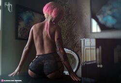 1girls 3d arm_tattoo back_view female female_only indoors mordol neck_tattoo pink_hair pinup realistic seated short_hair sitting slushe_(website) solo solo_female tattoo topless