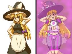 before_and_after bimbo bimbofication brainwashing breast_expansion covered_nipples female identity_death kakikorori large_breasts marisa_kirisame nipples pachimono plump thigh_expansion touhou transformation witch