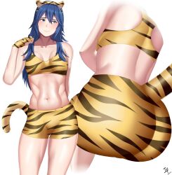 1girls abs animal_ears animal_print animal_tail arcedo ass athletic_female back_view big_ass blue_eyes blue_hair blush cat_ears cat_print cat_tail embarrassed fingerless_gloves fire_emblem fire_emblem_awakening front_and_back gloves lucina_(fire_emblem) nintendo small_breasts solo symbol-shaped_pupils tiger_ears tiger_girl tiger_print tiger_tail year_of_the_tiger