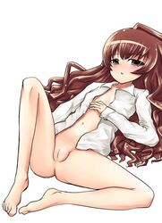 barefoot blush bottomless brown_eyes brown_hair long_hair open_clothes open_shirt original pointy_chin pussy shirt uncensored